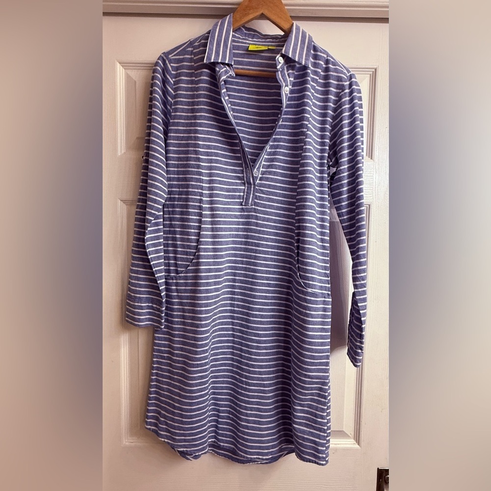 Roller Rabbit Indigo and White Striped Button Up Dress Size Small